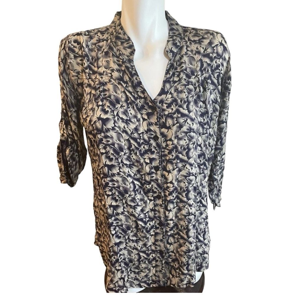 Tom Tailor Button Down Shirt Tabbed Sleeves Women's Size XL Blue Tan